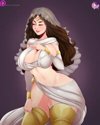 big_breasts breast_squish brown_hair circlet cleavage closed_eyes dark_souls detached_sleeves female female_only fromsoftware goddess gold_(metal) law-zilla long_hair queen_of_sunlight_gwynevere revealing_clothes sideboob smile solo thick_thighs thighhighs thighhighs_pull tiara veil wavy_hair wide_hips zettai_ryouiki