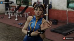 1boy 1girls 3d big_ass big_breasts boxing capcom chun-li chun-li_(fortnite) cute_face dark-skinned_male dark_skin diego_(doa) epic_games eskandart female fortnite gym innocent looking_at_viewer muscular muscular_female skin_tight street_fighter stretching tagme twin_buns