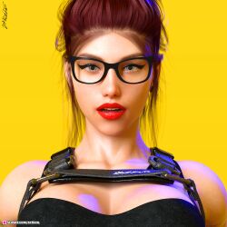 1girls 2022 3d annie_(str4hl) auburn_hair blue_eyes close-up female female_only front_view glasses ice_blue_eyes large_breasts lipstick looking_at_viewer original original_character red_lipstick slushe_(website) solid_color_background solo solo_female str4hl yellow_background