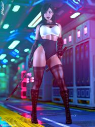 1girls 2021 3d abs asymmetrical_clothes asymmetrical_gloves black_hair breasts choker depth_of_field dual_wielding elbow_gloves fanart female female_only final_fantasy final_fantasy_vii final_fantasy_vii_remake fingerless_gloves gloves glowing_eyes holding_katana holding_object holding_sword holding_weapon katana large_breasts long_hair looking_at_viewer muscular muscular_female pinup red_eyes sci-fi science_fiction slushe_(website) solo standing str4hl stylized sword tifa_lockhart