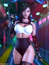 1girls 2021 3d abs asymmetrical_clothes asymmetrical_gloves black_hair choker depth_of_field elbow_gloves fanart female female_only final_fantasy final_fantasy_vii final_fantasy_vii_remake fingerless_gloves front_view gloves glowing_eyes gun holding_gun holding_object holding_rifle holding_weapon large_breasts long_hair looking_at_viewer muscular muscular_female pinup red_eyes rifle sci-fi science_fiction slushe_(website) solo standing str4hl stylized tifa_lockhart