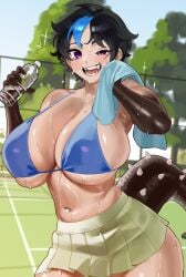 1girls big_breasts blue_bikini character_request cleavage copyright copyright_request dragon_tail female large_breasts light_skin multicolored_hair nia_(nia4294) open_mouth purple_eyes request sharp_teeth skirt sparkles spiky_tail sportswear sweat sweating sweaty tagme tagme_(character) tennis_court tennis_net tennis_uniform unknown_character water_bottle