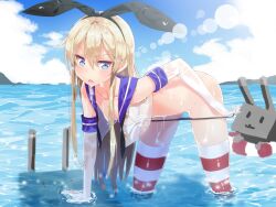 4:3_aspect_ratio animal_ears bent_over black_panties black_underwear blonde_hair blue_sky blush breasts bunny_ears clothing day elbow_gloves fake_animal_ears female gloves hairband innertube kantai_collection legwear lens_flare lingerie long_hair mx2j_(nsh6394) ocean pantsu panty_pull partially_submerged red_legwear red_stripes rensouhou-chan shimakaze_(kantai_collection) sky small_breasts solo_focus striped striped_legwear striped_thighhighs thighhighs underwear underwear_pull wading wet wet_clothes white_gloves