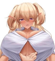 1boy 1girls anger_vein assisted_exposure blonde_hair blush breasts button_gap cleavage dark_elven_forest_ranger elf elf_ears female frown hair_between_eyes heart heart-shaped_pupils highres huge_breasts last_origin lazb. light-skinned_male light_skin long_hair no_bra open_mouth pointy_ears pov pov_hands purple_eyes shirt short_twintails simple_background solo_focus sweat symbol-shaped_pupils tan-skinned_female tan_skin twintails very_long_hair white_background white_shirt