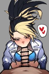 1boy akali akali_jhomen_tethi babo bar_censor black_hair blonde_hair blowjob blush bottomless breasts censored cleavage_cutout clothing_cutout ear_piercing english_commentary fellatio female hair_pulled_back heart jacket k/da_all_out_akali k/da_all_out_series large_penis league_of_legends long_hair medium_breasts multicolored_hair nose_blush oral penis piercing pov purple_eyes saliva_on_penis solo_focus spoken_heart straight streaked_hair two-tone_hair white_jacket