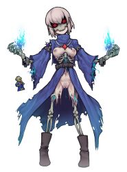 1other amulet belt blue_fire blue_robe bone boots breasts cuffs dark_caster female fire full_body high_collar highres lich looking_at_viewer magic mask masked medium_breasts nyong_nyong pussy pussy_juice red_eyes ribs rotting shackles terraria torn_clothes torn_robe undead white_hair wide_sleeves