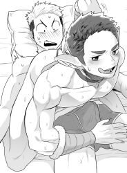 2boys :q all_fours animal_ear_request ass_grab bara blush boxers bulge erection erection_under_clothes facial_hair feet_out_of_frame fingernails goatee grabbing_own_ass greyscale highres long_sideburns looking_at_another lying machida_machi male_focus male_underwear monochrome monster_boy motion_lines multiple_boys muscular muscular_male on_back on_bed original pectorals presenting sharp_fingernails short_hair sideburns straddling stubble sweat sweatdrop thick_eyebrows thighs tongue tongue_out topless_male trembling underwear underwear_only wide-eyed yaoi