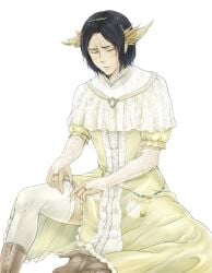 1boy artist_request black_hair blush bridal_gauntlets closed_eyes crossdressing dark_souls dark_souls_3 dress dusk_of_oolacile_(cosplay) embarrassed femboy fromsoftware fully_clothed garter_straps hair_ornament headgear headwear high_heel_boots high_heels lace male male_only orbeck_of_vinheim solo stockings tagme_(artist) white_legwear white_thighhighs