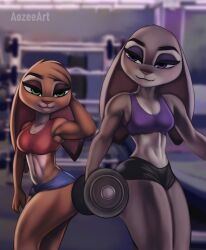 anthro aozee athletic athletic_anthro athletic_female black_pupils black_shorts blue_shorts brown_body clothing disney duo ears_down female female_only furry furry_female furry_only green_eyes green_iris grey_body gym jenna_hopps_(grizzlygus) judy_hopps lagomorph lagomorph_humanoid mammal mammal_humanoid muscular muscular_female navel no_humans pink_nose purple_eyes purple_iris purple_shirt rabbit rabbit_humanoid red_nose red_shirt shorts sisters small_breasts solo solo_female thick_thighs weight white_body white_sclera workout_clothes zootopia