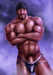 1boy bara beanie beard biceps black_pubes black_thong brown_eyes erection gabriel_reyes horny juhanart male male_only muscular_male nipples oiled overwatch pecs penis reaper smoke solo staring_at_viewer testicles