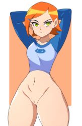 1girls abysswatchers arms_behind_head arms_up bare_thighs ben_10 blue_clothing blue_shirt bottomless cartoon_network female female_only green_eyes gwen_tennyson hourglass_figure navel pussy shirt short_hair short_orange_hair small_breasts thick thick_thighs wide_hips