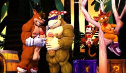 3d 3d_(artwork) balls ballsack bara boner bottomless bottomless_male crash_(series) crash_bandicoot crash_bandicoot_4:_it's_about_time crossover crunch_bandicoot diddy_kong donkey_kong_(series) donkey_kong_country dr.ivopingasnik erect_nipples erect_penis erection frottage funky_kong gay hanging_from_branch male male/male male_only masturbation muscular muscular_anthro muscular_male nipples nude sfm source_filmmaker tongue tongue_out yaoi