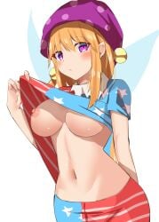 american_flag american_flag_legwear american_flag_shirt arm_behind_back blonde_hair blush breasts closed_mouth clothes_lift clownpiece commentary_request cowboy_shot fairy_wings female fujiko_(emnprmn) hand_up hat highres jester_cap large_breasts lifted_by_self long_hair looking_at_viewer medium_breasts midriff navel nipples no_bra polka_dot_headwear purple_eyes self_exposure shirt_lift solo standing staring touhou very_long_hair wings