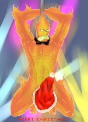 abs almost_naked arms_behind_pole biceps blush bowtie eight_pack fire glasses grillby male_only money_in_mouth muscular muscular_male muscular_thighs santa_hat stripper stripper_pole tagme undertale