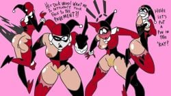 1girls alternate_version_available batman:_the_animated_series batman_(series) blush breasts dc dc_comics dcau dialogue embarrassed embarrassed_nude_female enf english_text female female_only harley_quinn harley_quinn_(classic) jones_boi light-skinned_female pubic_hair pussy ripped_clothing solo talking_to_viewer tearing_open_bottoms torn_open_bottoms torn_open_top