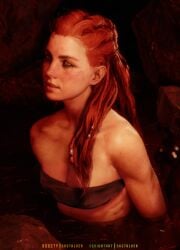 1girls 3d absurd_res aloy bare_shoulders bra braided_hair cleavage female female_focus female_only freckles green_eyes horizon_forbidden_west horizon_zero_dawn in_water long_hair looking_at_viewer muscular_female red_hair shiny_skin skstalker small_breasts solo solo_female solo_focus sony_interactive_entertainment upper_body wet_skin