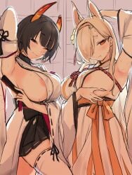 2girls allied_hyakkiyako_academy_student animal_ears areola_slip areolae arm_up armpits asymmetrical_horns bangs black_hair blue_archive blush breast_lift breasts closed_fan detached_sleeves earrings emirio_(emirio110) eyebrows_visible_through_hair female folding_fan hair_ornament hair_over_one_eye hairband hakama hakama_skirt half-closed_eyes hand_fan highres holding holding_fan horns japanese_clothes jewelry kaho_(blue_archive) large_breasts long_hair looking_at_viewer makeup mole mole_under_mouth multiple_girls niya_(blue_archive) one_eye_closed orange_eyes pink_hairband presenting_armpit short_hair sideboob skirt smile steam sweat thighhighs unfinished white_legwear yin-yang_club_(blue_archive)