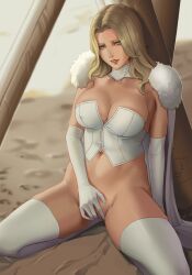 blonde_female blonde_hair blue_eyes dantewontdie emma_frost female long_hair marvel marvel_comics masturbation sitting solo thighhighs white_legwear x-men