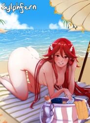 1girls all_fours artist_name ass bag beach beach_umbrella bent_over big_ass blue_sky blush bottle breasts commission completely_nude cordelia_(fire_emblem) dimples_of_venus female female_only fire_emblem fire_emblem_awakening glasses grin hair_between_eyes hair_ornament hand_in_own_hair highres kneeling long_hair looking_at_viewer lotion medium_breasts nintendo nipples nude nude_female ocean palm_tree red_eyes red_hair sky smile solo sunscreen sylphfern teeth towel tree umbrella very_long_hair water water_bottle waves wing_hair_ornament