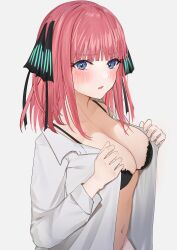 absurdres bangs black_bra blue_eyes blush blushing_at_viewer bra bra_strap breasts butterfly_hair_ornament cleavage eyebrows_visible_through_hair female go-toubun_no_hanayome hair_ribbon highres lingerie long_hair looking_at_viewer medium_breasts nakano_nino navel oji_fuguri open_mouth open_shirt pink_hair ribbon shirt solo underwear upper_body white_background white_shirt