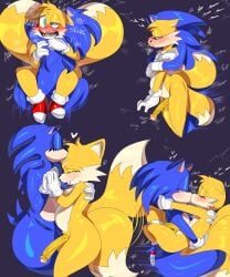 absurd_res anal balls blue_body blue_eyes blue_fur blush canid canine duo eulipotyphlan exposed_torso feminine_tails footwear foreskin fox fur gay genitals green_eyes handwear heart hedgehog hi_res kissing male male/male mammal onomatopoeia penis sega sonic_(series) sonic_the_hedgehog sonic_the_hedgehog_(series) sound_effects tails tayronnebr tayuri text yellow_body yellow_fur