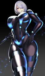 1girls alternate_body_type alternate_costume big_breasts blue_eyes blush bodysuit breasts busty curvaceous curvy curvy_body curvy_female curvy_figure curvy_hips female female_focus female_only gantz gantz_(cosplay) gantz_suit huge_breasts large_breasts mole mole_under_mouth nier:_automata slim_waist solo solo_female thick_thighs thighs voluptuous volyz white_hair wide_hips yorha_2b