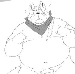 2022 anthro barely_visible_genitalia barely_visible_penis belly big_belly canid canine canis domestic_dog genitals hi_res humanoid_hands kemono male male_only mammal navel overweight overweight_male penis pubes scar simple_background solo suishou0602