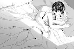 1boy 1girls after_sex after_vaginal antermaris attack_on_titan bed bedroom black_hair blanket christa_lenz cuddling embrace embracing erehisu eren_jaeger greyscale hi_res highres historia_reiss indoors long_hair monochrome passionate romantic shingeki_no_kyojin straight