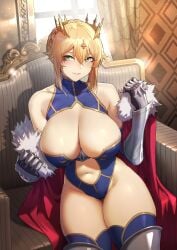 1girls absurdres armor artoria_pendragon artoria_pendragon_(fate) artoria_pendragon_(lancer) artoria_pendragon_(lancer)_(fate) bare_shoulders big_ass big_breasts blonde_hair blue_gloves blue_legwear blue_leotard boob_window braid breasts cape chair cleavage cleavage_cutout clothing_cutout commentary covered_collarbone crown curvy elbow_gloves fate/grand_order fate_(series) female french_braid fur-trimmed_cape fur_trim gauntlets gloves greaves green_eyes grin hair_between_eyes highleg highleg_leotard highres hourglass_figure huge_ass huge_breasts jinlin large_ass large_breasts leotard lipgloss long_hair looking_at_viewer midriff midriff_baring_shirt navel navel_cutout off_shoulder red_cape revealing_clothes seductive short_hair sidelocks sitting smile solo stomach thick_ass thick_thighs thighhighs thighs undressing voluptuous window