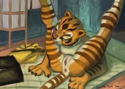 absurd_res anthro anus breasts claws clothing digital_media_(artwork) dreamworks felid female fingers fur furry furry_only genitals hi_res kung_fu_panda mammal master_tigress naked nipples nude pantherine personal_grooming pussy solo stripes tail tiger toisanemoif tongue tongue_out