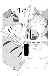 2022 anthro asian_clothing belly big_belly bodily_fluids clothed clothing comic domestic_pig duo east_asian_clothing erection erection_under_clothing felid fundoshi hi_res inunodaidokoro japanese_clothing japanese_text kemono male male/male mammal moobs nipples overweight overweight_male pantherine sitting suid suina sus_(pig) sweat text tiger underwear