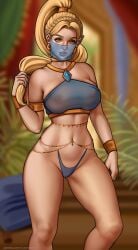 1girls belly_button belly_chain belly_dancer belly_dancer_outfit blonde_hair breath_of_the_wild female female_only gerudo_link_(cosplay) gerudo_outfit gerudo_outfit_zelda gerudo_top gerudo_veil green_eyes harem_girl harem_outfit hourglass_figure hylian hylian_ears large_breasts long_hair nipples_visible_through_clothing pointy_ears ponytail princess_zelda revealing_clothes royalty skimpy_clothes the_legend_of_zelda thick_thighs thong veil zelda_(breath_of_the_wild) zoemimieux