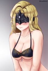 big_breasts bikini bikini_top black_bikini blonde_hair blush cleavage dark_souls dark_souls_3 embarrassed eye_mask eyes_covered female female_only fire_keeper fromsoftware llukik long_hair solo underboob upper_body