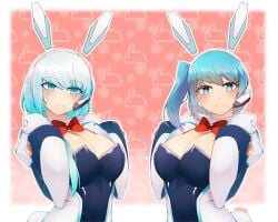 2girls android big_breasts blue_eyes blue_hair blush bunny_ears bunny_girl bunnysuit expressionless female female_focus female_only ico_(mega_man) mega_man mega_man_x_dive rico_(mega_man) robot robot_girl robot_humanoid side_ponytail sisters smile tagme z666ful