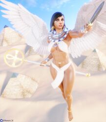 1girls 3d abs absurd_res angel angel_wings big_breasts black_hair breasts dark-skinned_female egyptian egyptian_clothes female female_only fit fit_female hi_res highres navel_piercing nemesis_3d overwatch pharah shiny_skin tattoo thick_thighs thighs wings