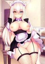 animal_ears blonde_hair breasts cat_ears cat_tail catgirl coconut_(sayori) dirtykuro fishnet_legwear fishnet_stockings fishnets foxykuro heterochromia looking_at_viewer maid maid_outfit nekopara nipples partially_clothed skirt_lift thighhighs vagina