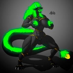 abs absurd_res areola ass biceps big_areola big_breasts big_butt big_nipples black_body breasts claws demon digital_drawing_(artwork) digital_media_(artwork) female genitals glowing glowing_areola glowing_genitalia glowing_hair glowing_mouth glowing_nipples glowing_pussy glowing_tail gradient_background green_eyes green_mouth green_pussy green_tongue hair hand_on_breast hi_res horn huge_areola huge_breasts humanoid inverted_nipples long_hair long_tail looking_at_viewer muscular muscular_female nails nipple_fetish nipple_play nipples open_mouth orange_sclera pussy rashchaos rope shadow sharp_claws sharp_horn sharp_teeth signature simple_background solo standing tail_hair teeth thick_thighs tongue