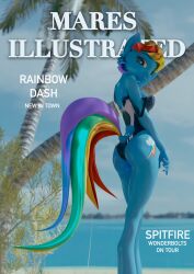 3d_(artwork) absurd_res anthro ass beach blue_body clothing cover digital_media_(artwork) english_text equid equine female friendship_is_magic hasbro hi_res looking_back magazine_cover mammal melvelvin my_little_pony rainbow_dash_(mlp) seaside solo sport_swimsuit straight_hair swimwear text wet wet_body