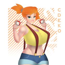 1girls aged_up alternate_breast_size animated big_breasts biting_lip blue_eyes bouncing_breasts breasts cdeko cleavage clothing female female_only huge_breasts human kasumi_(pokemon) looking_at_viewer orange_hair pinup pokeball pokemon shorts smile solo suspenders thick_thighs yellow_shirt