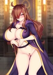 cleavage foxykuro hair_over_one_eye kono_subarashii_sekai_ni_shukufuku_wo! looking_at_viewer open_robe partially_clothed pubic_hair vagina wiz_(konosuba)