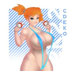 . 1girls alternate_breast_size animated big_breasts bikini biting_lip blue_eyes bouncing_breasts breasts cdeko cleavage erect_nipples female female_only huge_breasts human kasumi_(pokemon) looking_at_viewer nipples orange_hair pinup pokeball pokemon sling_bikini solo thick_thighs