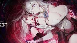 2girls artist_request azur_lane bare_shoulders barely_contained blue_eyes breasts cleavage clothed ear_piercing earrings emden_(azur_lane) female female_only flower flower_in_hair hair_over_one_eye iron_blood_(azur_lane) large_breasts long_hair one_eye_obstructed open_mouth red_eyes rose_(flower) white_hair