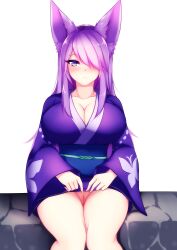 animal_ears cleavage clothed dirtykuro foxykuro hair_over_one_eye kimono_lift kuro_(foxykuro) looking_at_viewer sitting vagina