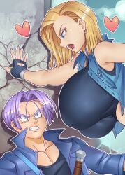 1girls alternate_version_available android_18 blonde blonde_female blonde_hair blonde_hair_female blue_eyes cleavage curvy dragon_ball dragon_ball_z earrings erect_nipples female future_trunks gigantic_breasts hearts hi_res high_resolution highres huge_areolae nauth nauth_le_roy puffy_nipples short_hair super_android_18 thick_lips trunks_briefs voluptuous