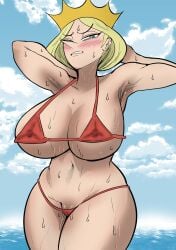 1girls alternate_version_at_source aonatsusu armpits arms_behind_head beach big_breasts bikini blonde_hair blue_eyes blush crown erect_nipples female female_only huge_breasts krimreaper mature_female micro_bikini milf nipple_bulge ousama_ranking pointy_nose queen_hilling ranking_of_kings recolor sea solo thick_thighs voluptuous wet wet_body wide_hips