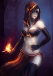 black_gloves black_legwear black_thighhighs bustier cleavage dark_souls dark_souls_2 desert_sorceress elbow_gloves female female_only fire fromsoftware gloves hand_on_hip hood lace-trimmed_thighhighs medium_breasts painting_(artwork) red_eyes revealing_clothes side_slit silver_hair solo thighhighs