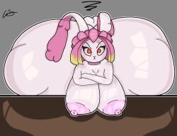 2022 angry anthro ass big_breasts big_butt breasts crossed_arms dyed-hair female fluffy fluffy_tail gunfire_reborn hair hi_res huge_butt lagomorph leporid long_ears mammal pink_hair rabbit red_eyes solo solo_focus tao_(gunfire_reborn) video_games voidbeerfloat