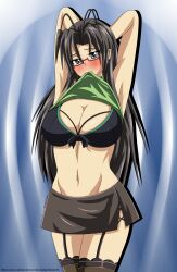 1girls armpits arms_behind_head big_breasts black_bra black_hair blush bra busty clothes_lift female female_only green_eyes hasegawa_chisato krazykamikaze44 large_breasts legs long_hair looking_at_viewer mature mature_female mature_woman mouth_hold navel pose posing sensual shinmai_maou_no_testament skirt smile thighhighs thighs