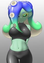 1girls alternate_version_available belly big_breasts black_shorts black_topwear blue_hair bottomwear breasts clothing female female_only green_hair hands_behind_back nintendo nobunagapero octoling peronattu sanitized_(splatoon) sanitized_octoling shorts solo solo_female splatoon thick_thighs thighs topwear two_tone_hair