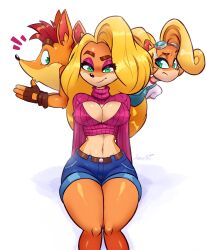 1boy 2girls anthro boob_window breasts cleavage coco_bandicoot crash_(series) crash_bandicoot jamoart large_breasts sweater tawna_bandicoot virgin_killer_sweater